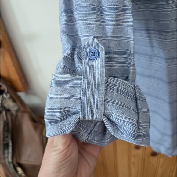 Chico's Blue Striped Button Down Roll Tab Sleeve Top Size XL - Picture 5 of 7
